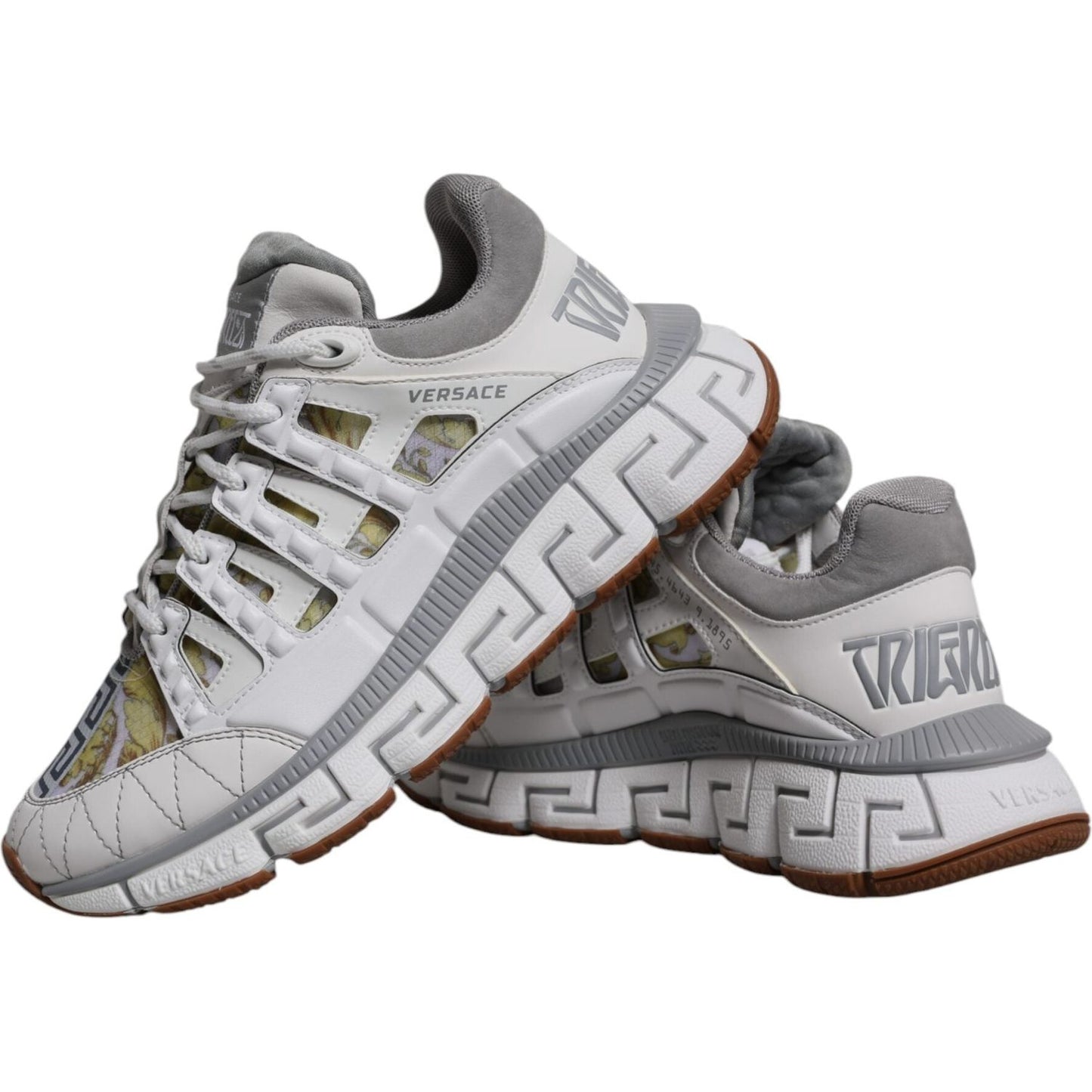 Versace White Trigreca Barocco Print Low Top Sneakers with Greca pattern and logo details, Italy-made exclusive design.