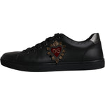 Dolce & Gabbana Black Leather London Heart Men Sneakers Shoes MV6465-44