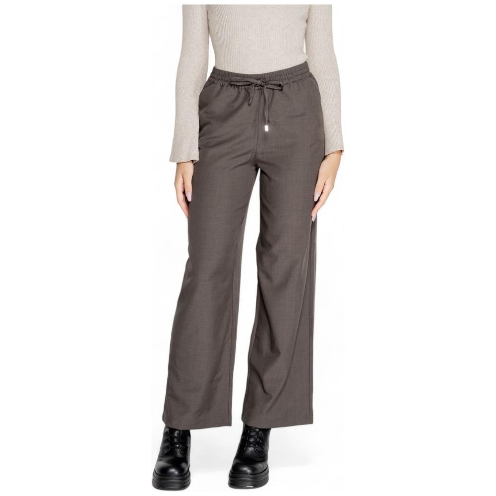 Women's fall winter gray polyester pants with drawstring waistband and wide legs, featuring a 98% polyester and 2% elastane composition.