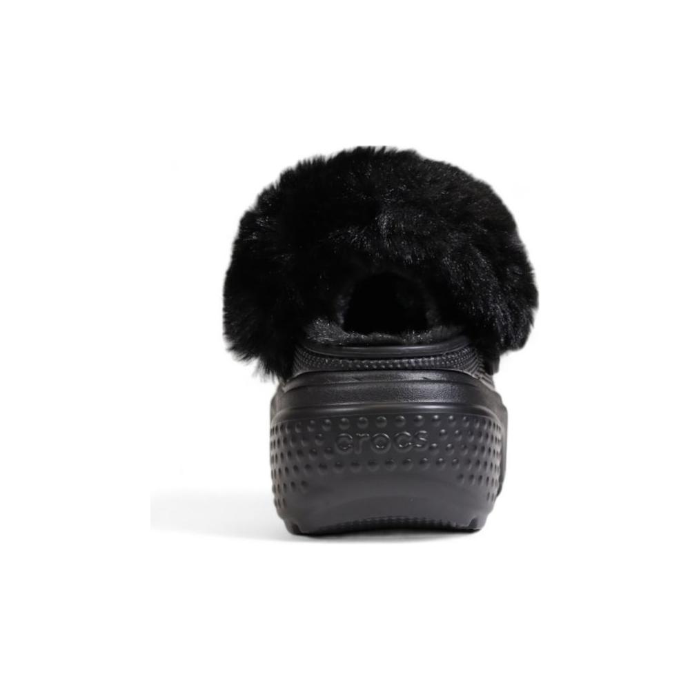 Back view of Crocs black synthetic sandal with lined inner and slip-resistant sole, showcasing comfort and style.