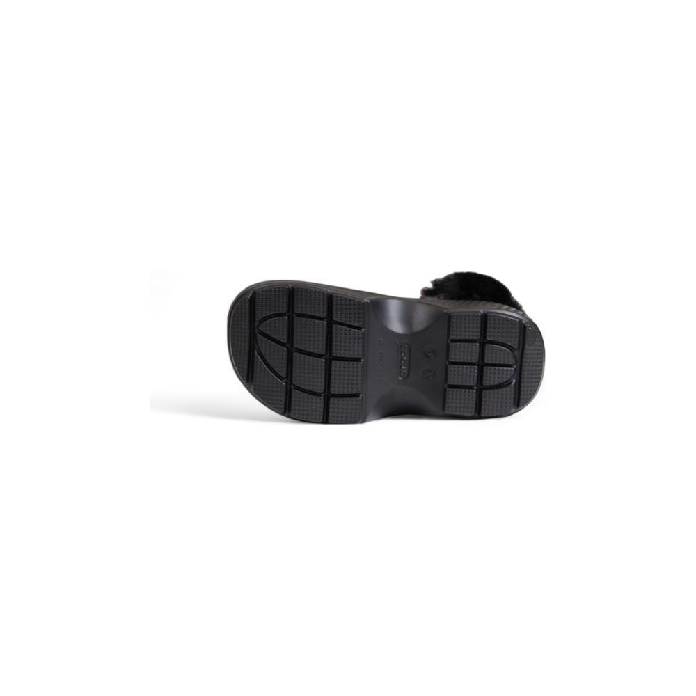 Bottom view of Crocs black synthetic sandal showcasing slip-resistant sole design.
