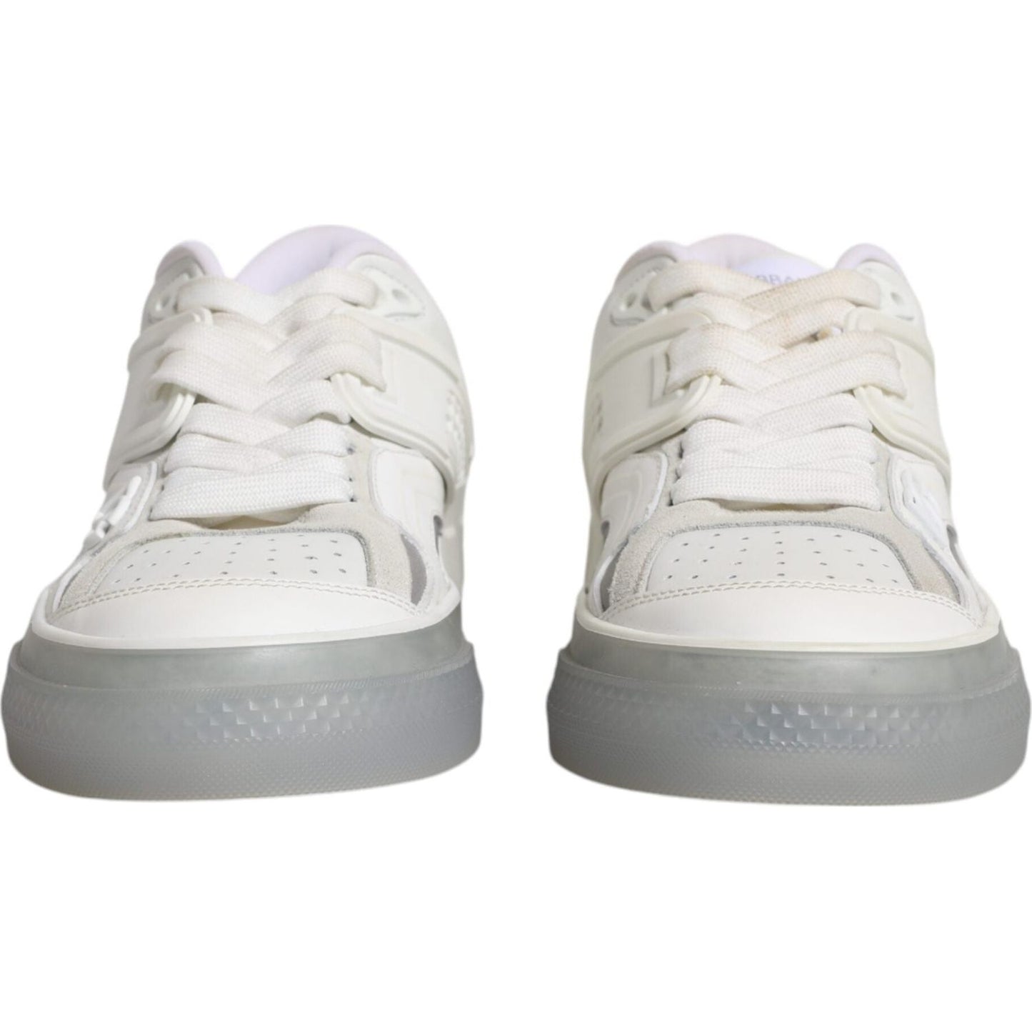 Front view of Dolce & Gabbana White DG Logo CUSTOM 2.Zero sneakers with lace-up closure and rubber sole, showcasing luxury craftsmanship.