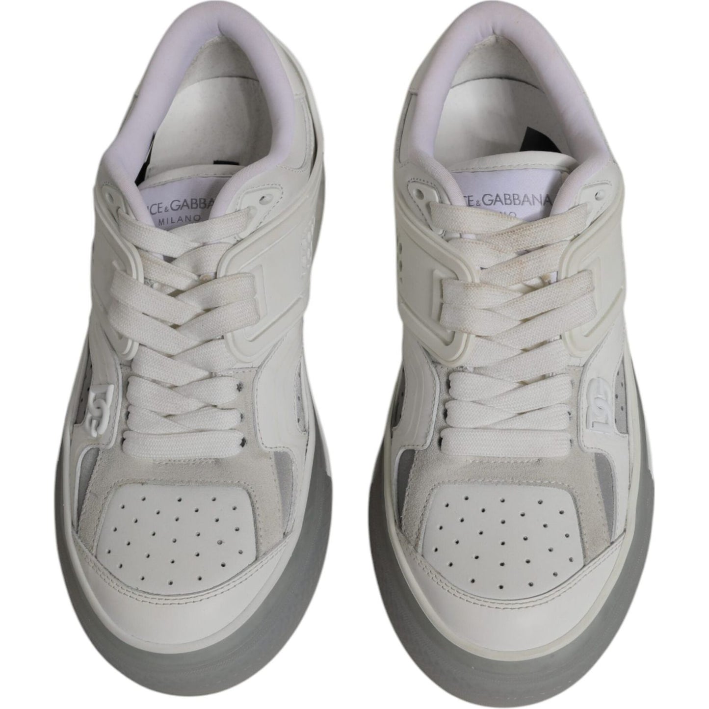 Dolce & Gabbana White DG Logo CUSTOM 2.Zero Sneakers - Men's Lace Up Low-Top Leather Shoes with Rubber Sole and Logo Details