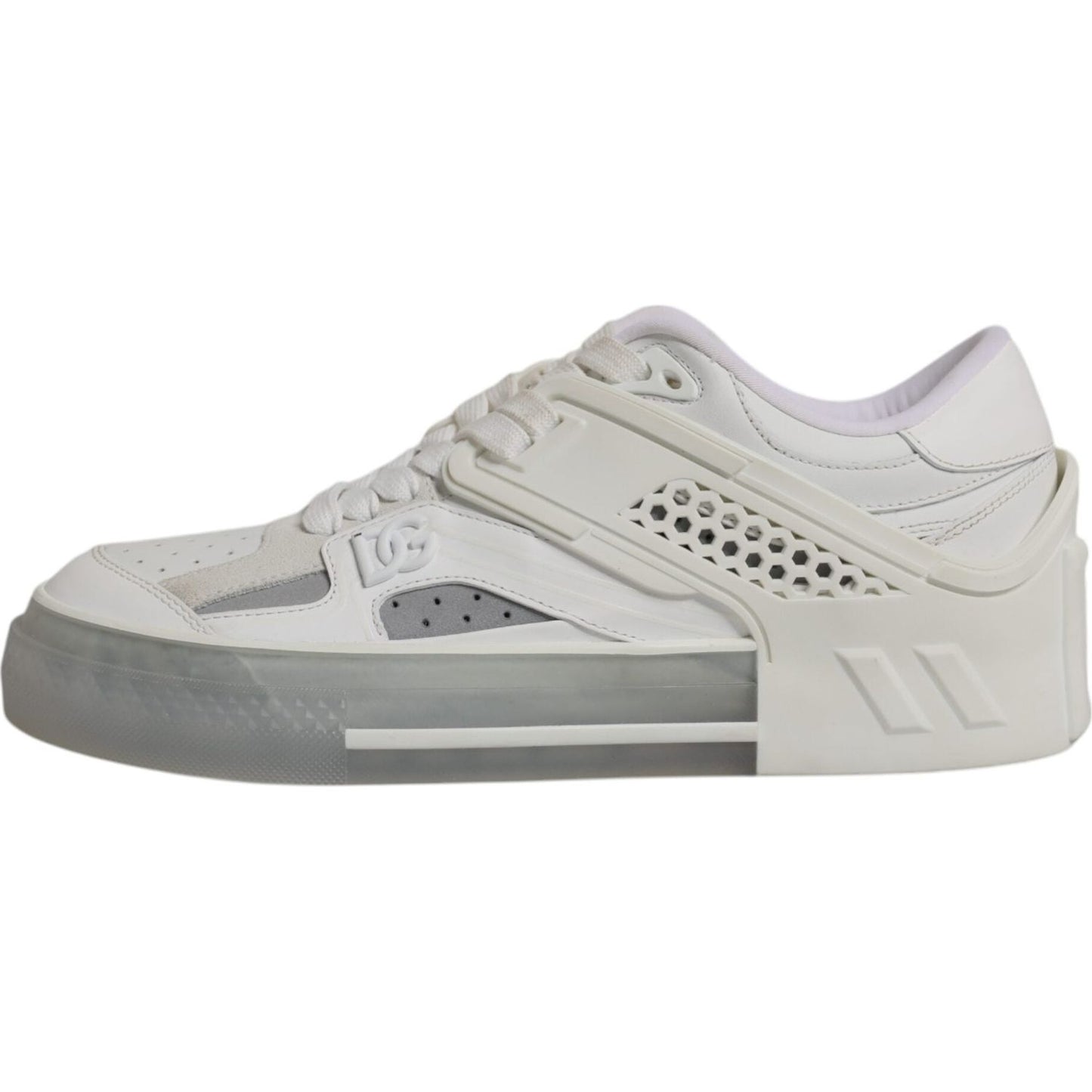Dolce & Gabbana White DG Logo CUSTOM 2.Zero Sneakers, men's low-top leather shoes with lace-up closure and rubber sole.