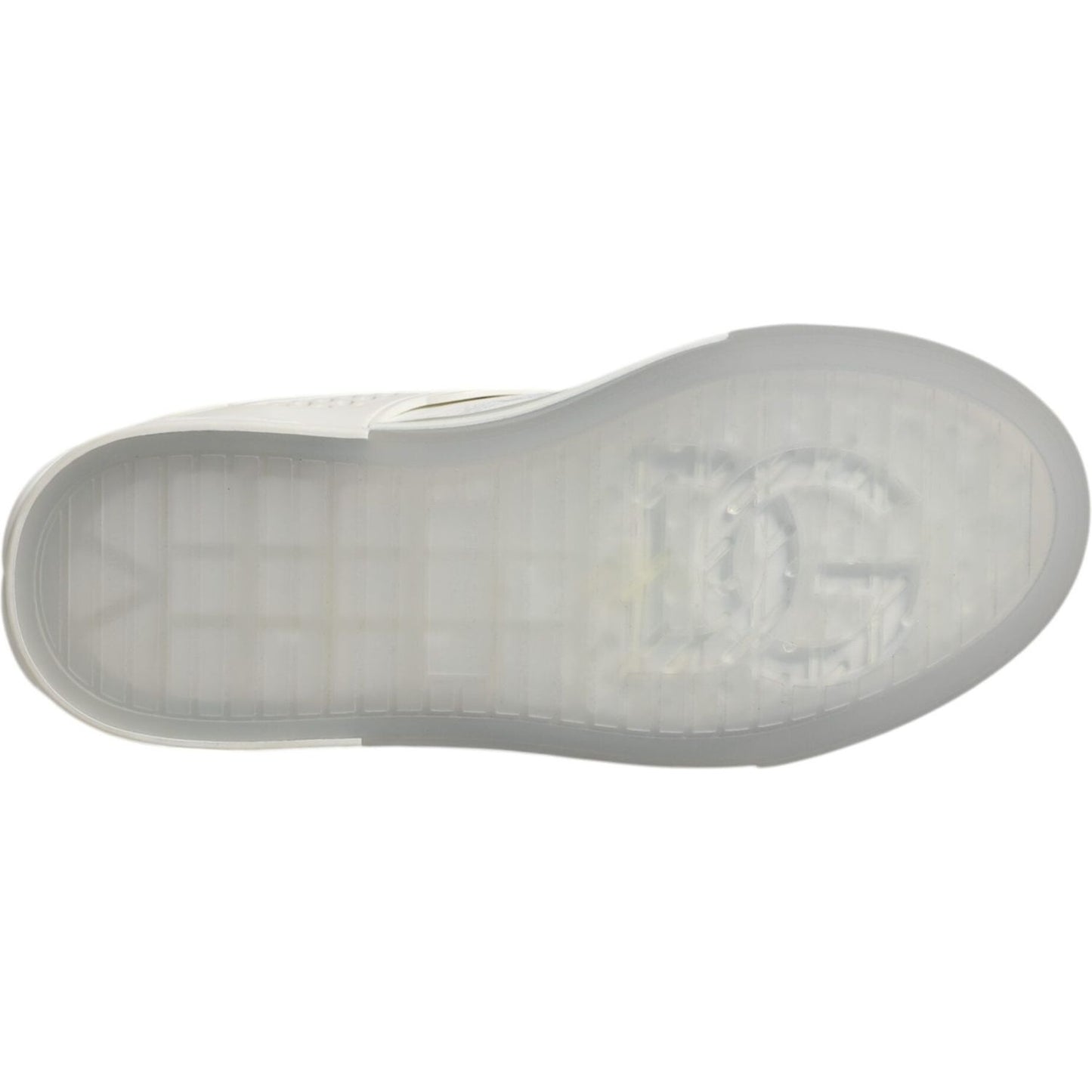 Sole view of Dolce & Gabbana White DG Logo Custom 2.Zero Sneakers showcasing the DG logo on transparent rubber sole.