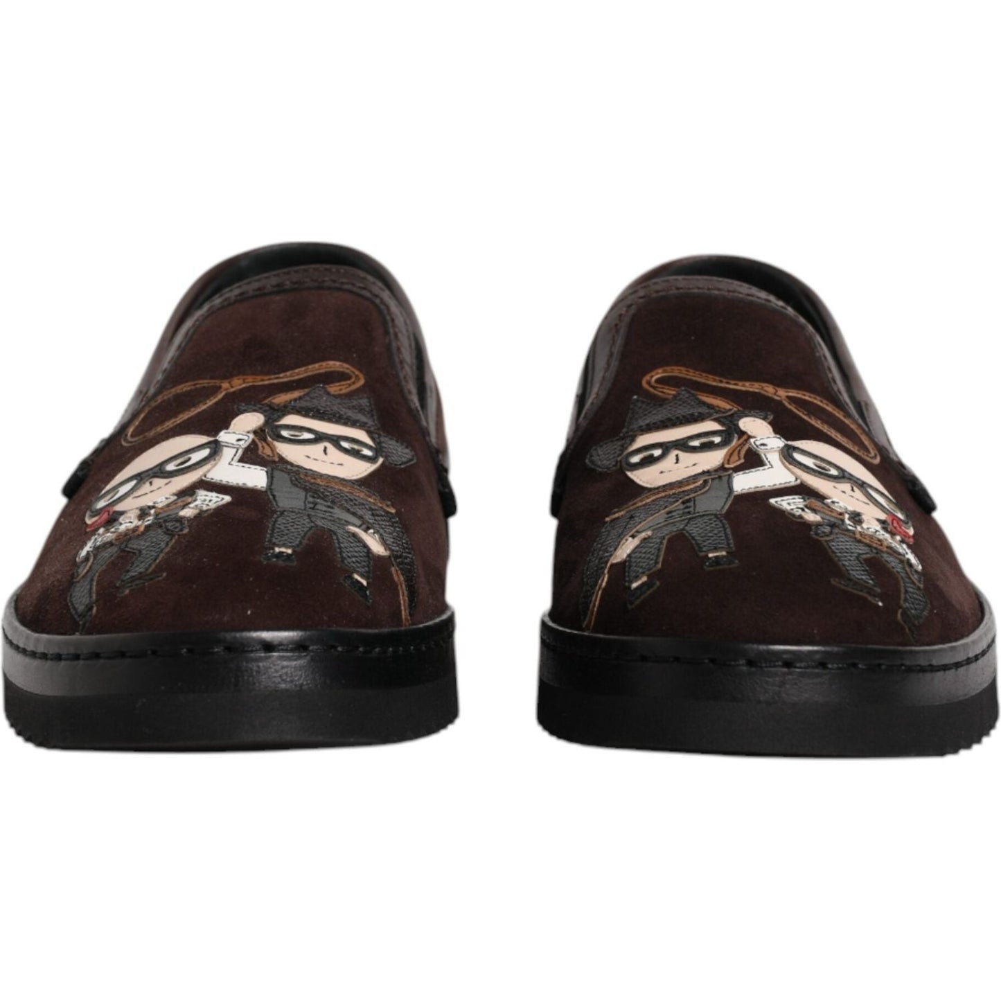 Dolce & Gabbana brown suede slip-on loafers with DG Family embroidery, cotton material, rubber sole, and logo details. Made in Italy.