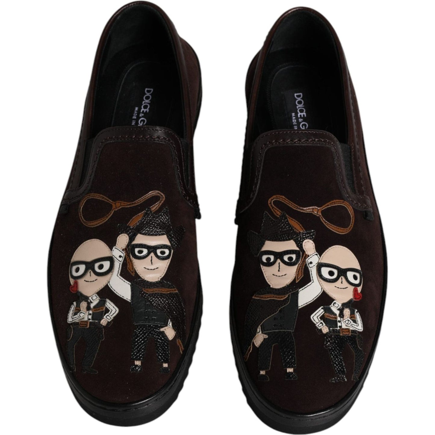 Dolce & Gabbana DG Family brown suede slip-on loafers with embroidered characters, cotton material, rubber sole, made in Italy.