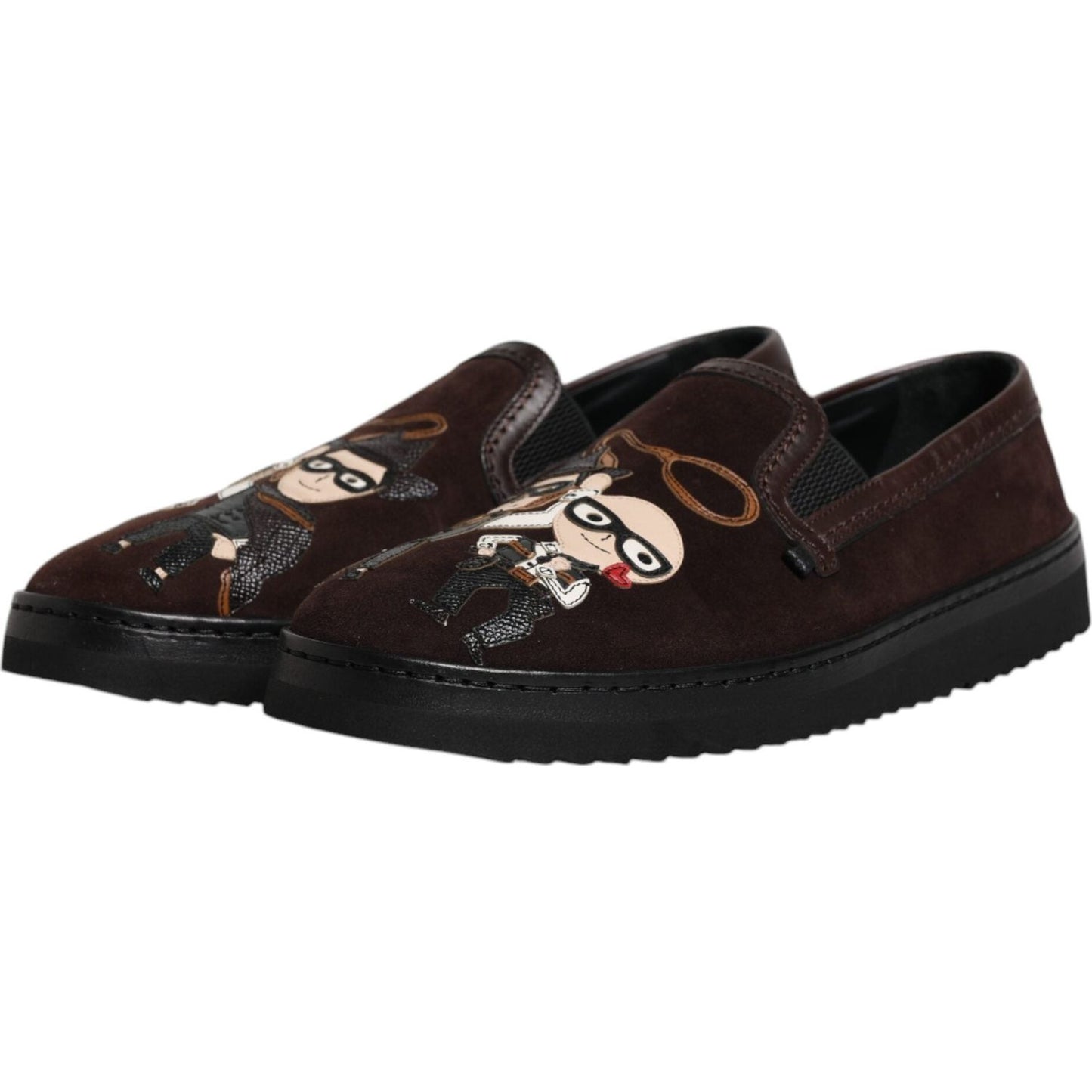 Dolce & Gabbana brown suede DG Family slip-on flats featuring cartoon design, made in Italy with rubber sole and brand logo details.