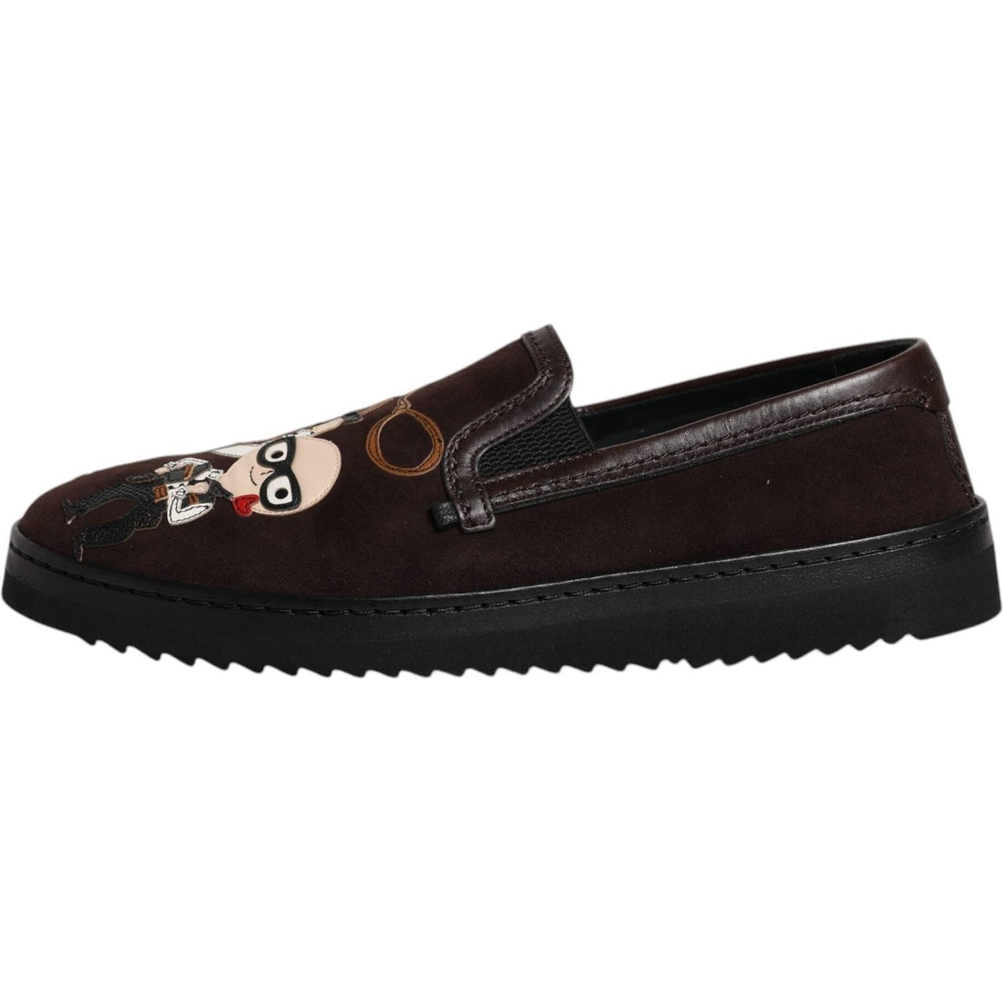 Dolce & Gabbana brown suede DG Family slip-on loafers with embroidered design, rubber sole, and logo details.
