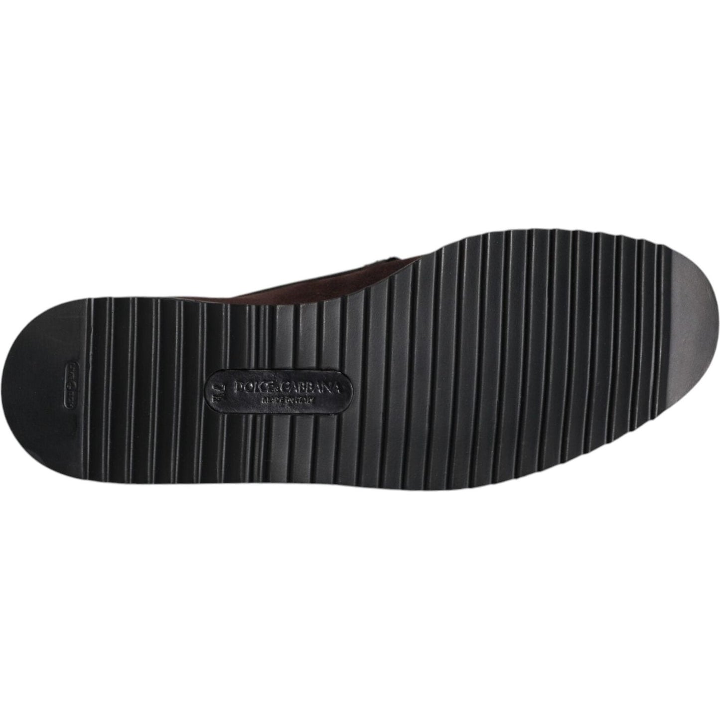 Sole of Dolce & Gabbana Brown Suede DG Family Slip On Flats showing logo and rubber material, detailed craftsmanship.