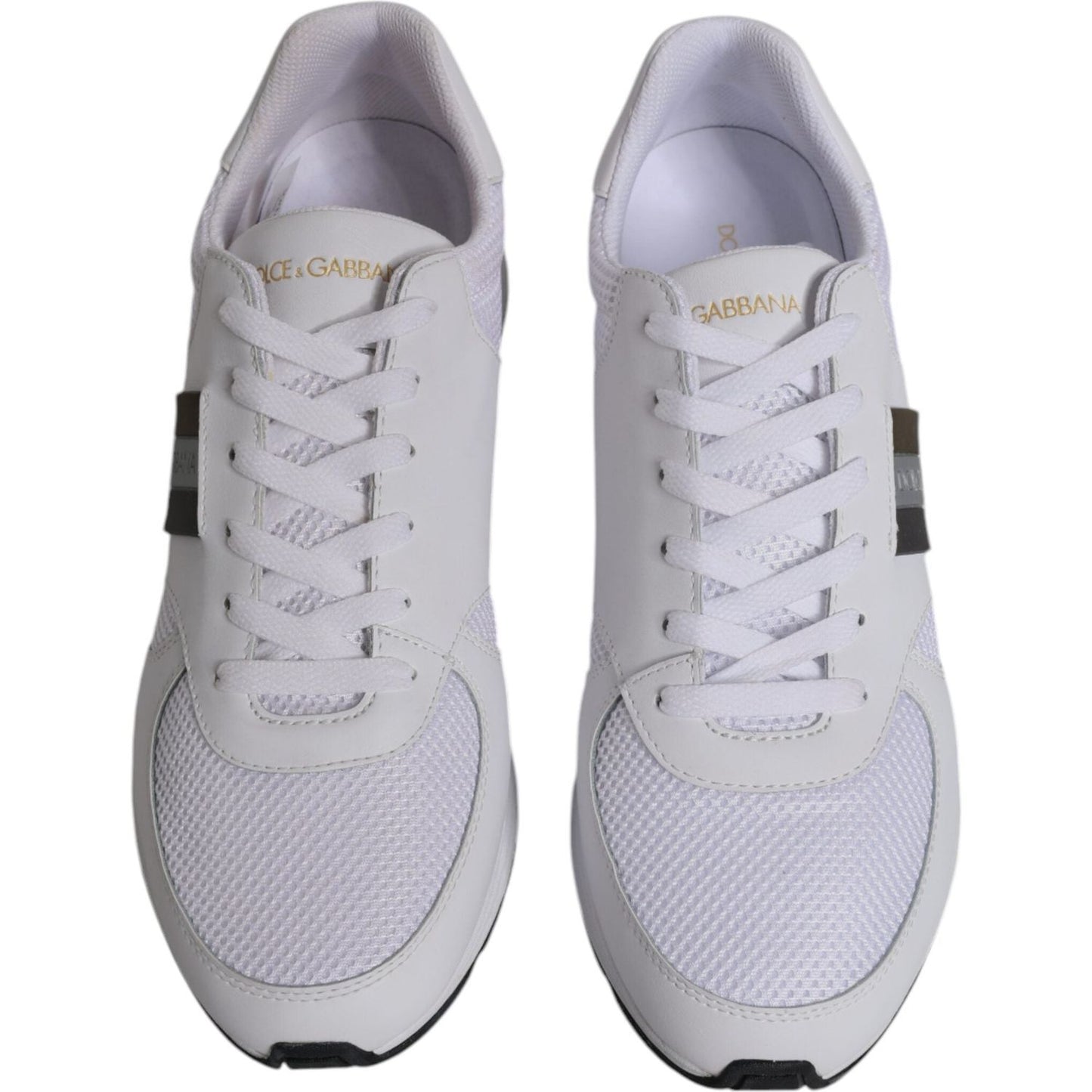 Dolce & Gabbana white leather sneakers with logo for men, featuring lace-up closure and rubber sole. Made in Italy, casual sports style.