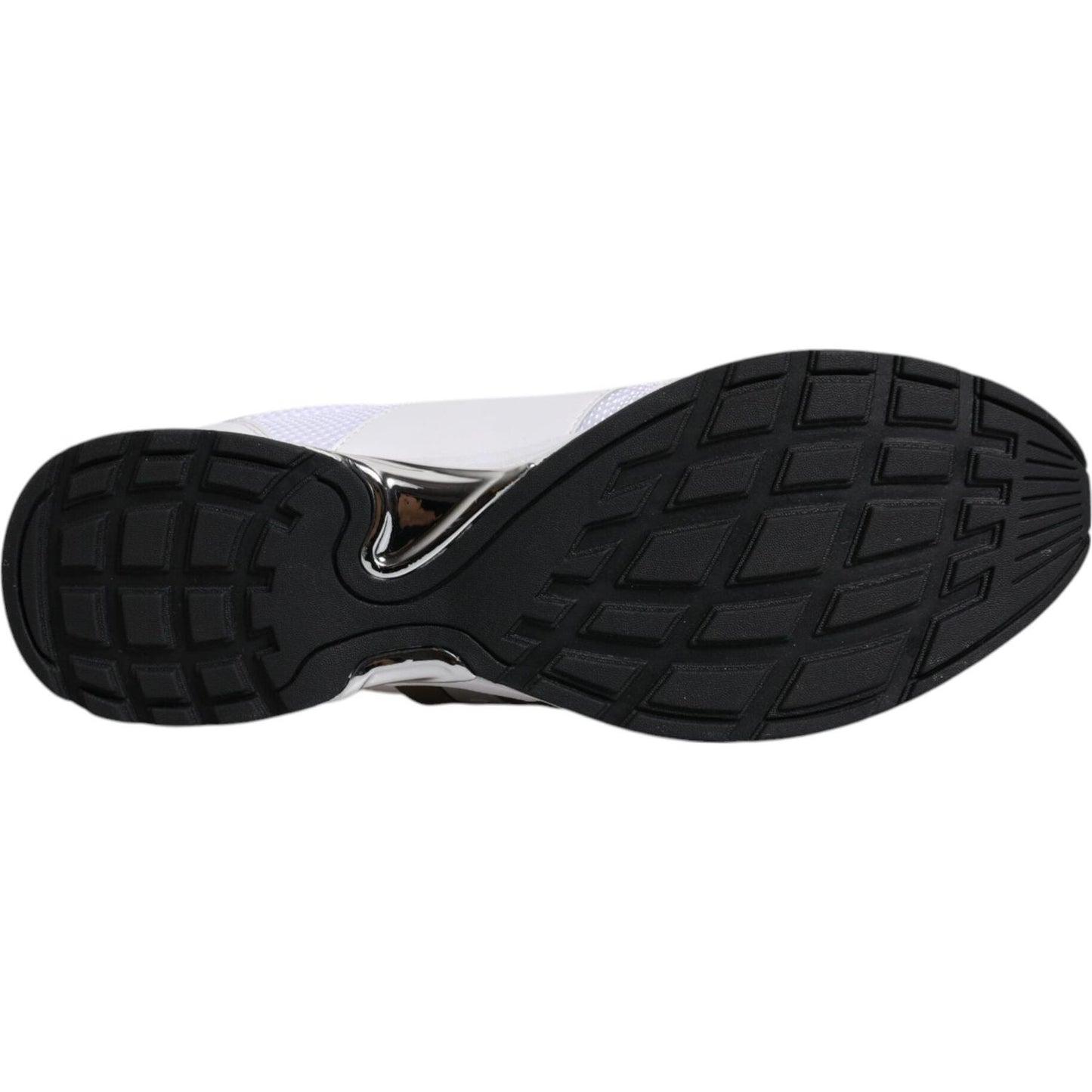 Sole view of Dolce & Gabbana white logo leather casual men's sneakers with black rubber sole, showcasing the tread design.