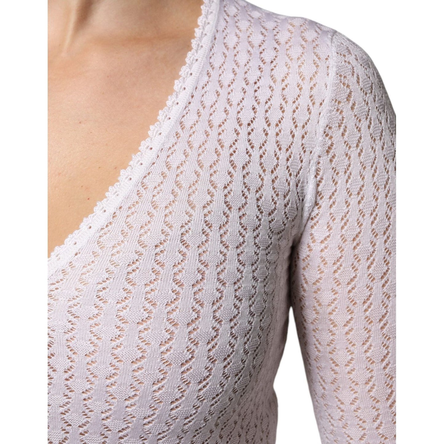 Close-up of a white lace-patterned button down cardigan showcasing a V-neck design and fine craftsmanship.