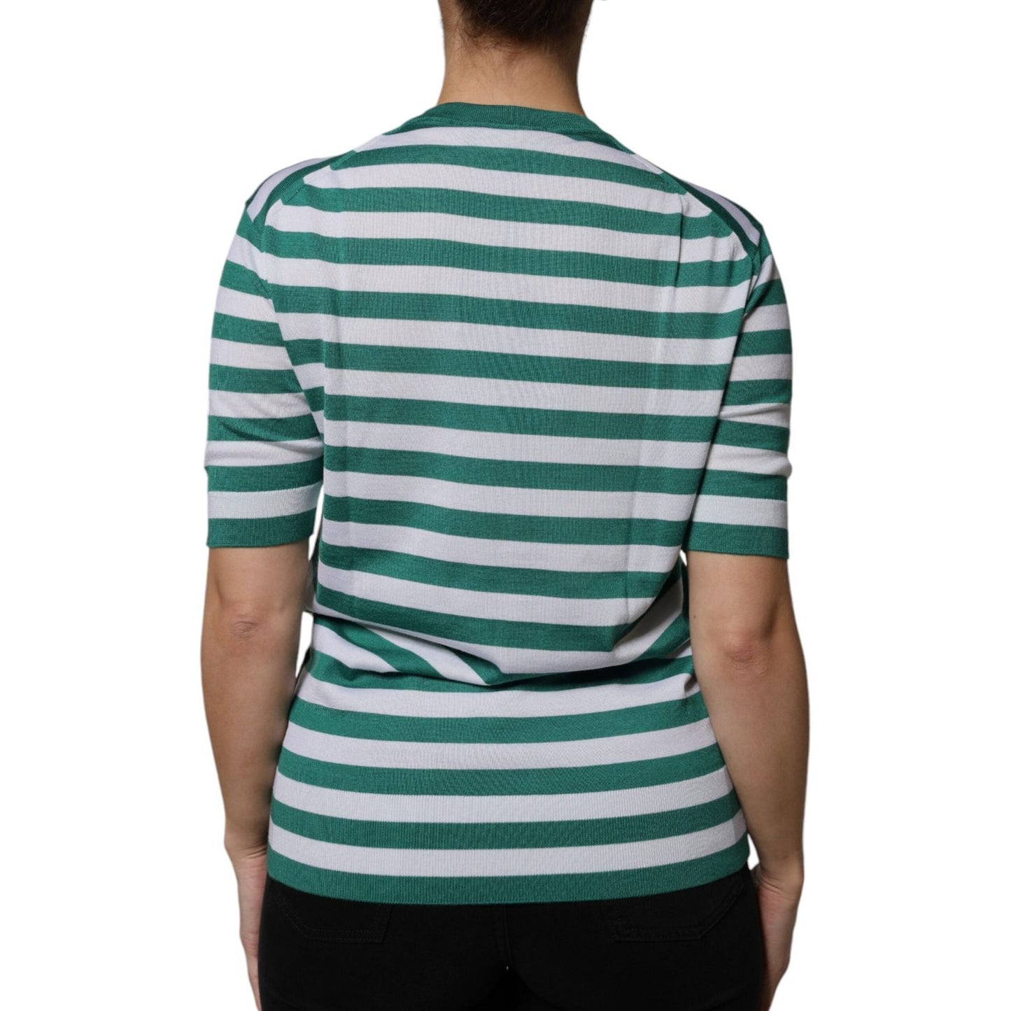 Back view of a Dolce & Gabbana white and green striped t-shirt with leaf embroidery, crafted from cashmere and silk.