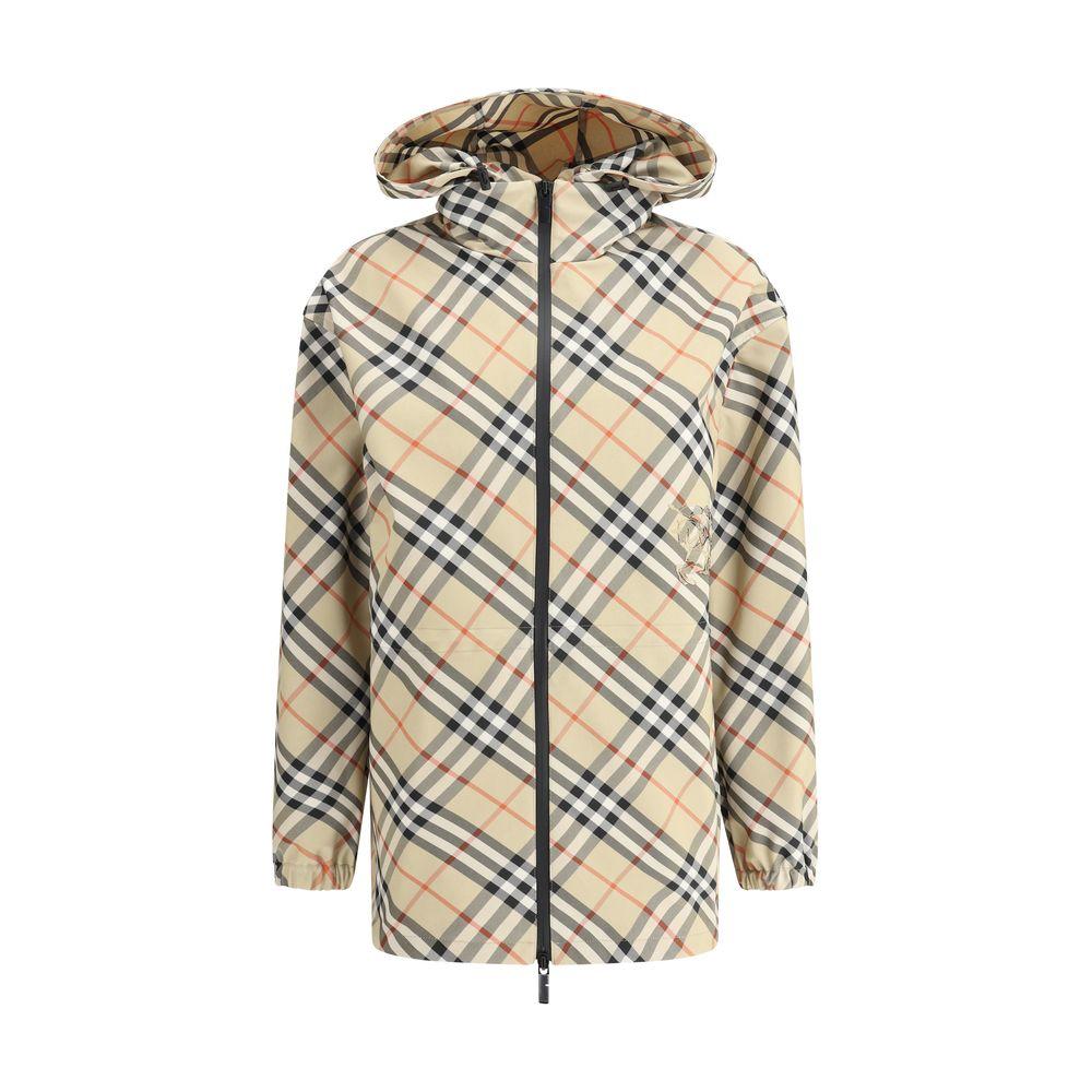 Burberry jacket with Archive Check pattern, high collar, adjustable hood, and zippered pockets for style and functionality.