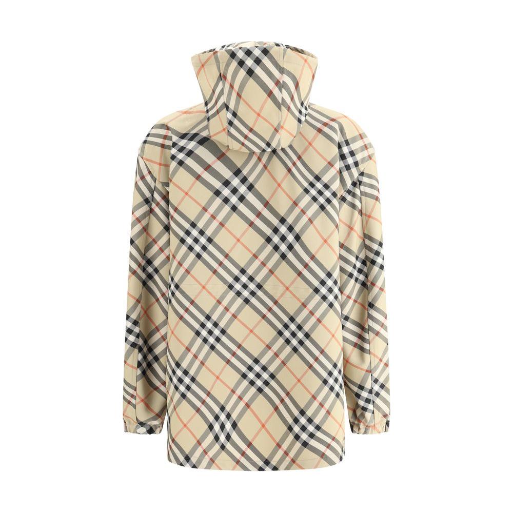 Burberry jacket with Archive Check pattern, featuring a high collar and adjustable drawstring hood, back view image.
