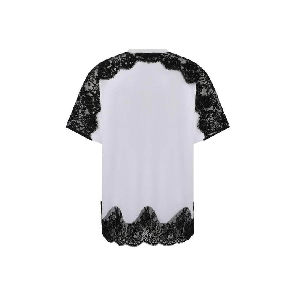 Dolce & Gabbana cotton T-shirt with ribbed crew neck, floral lace sleeves, and hem detail, featuring a metal logo plaque.