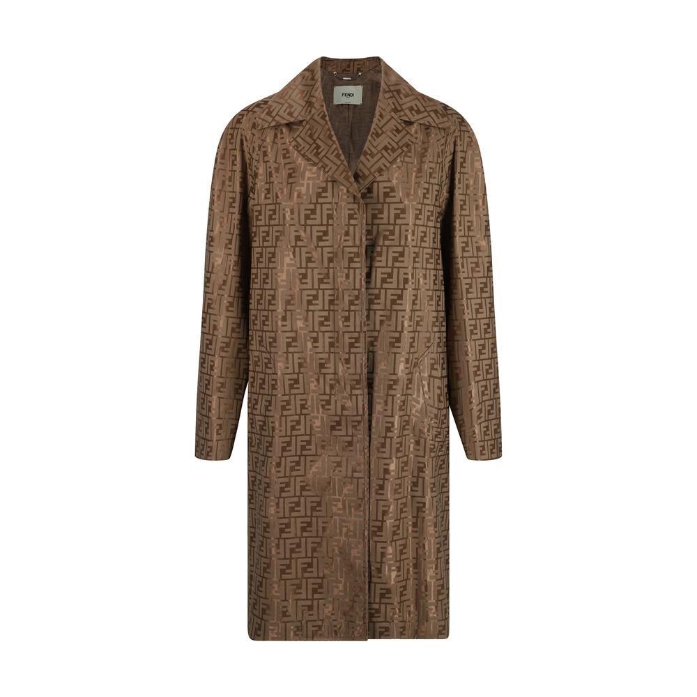 Fendi cotton coat with FF jacquard weave, monochrome pattern, classic lapels, button closure, and side welt pockets.