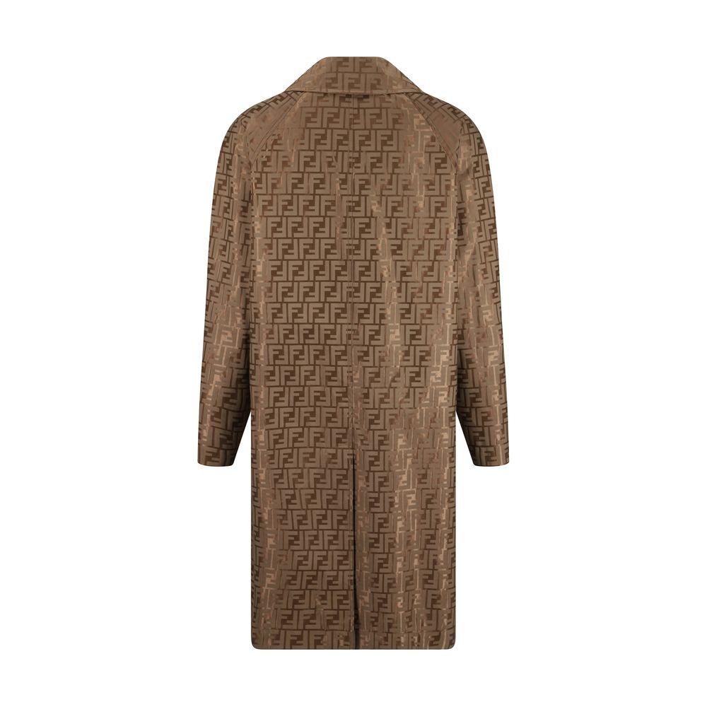 Back view of Fendi cotton coat with iconic FF jacquard weave, classic lapels, and monochrome pattern.