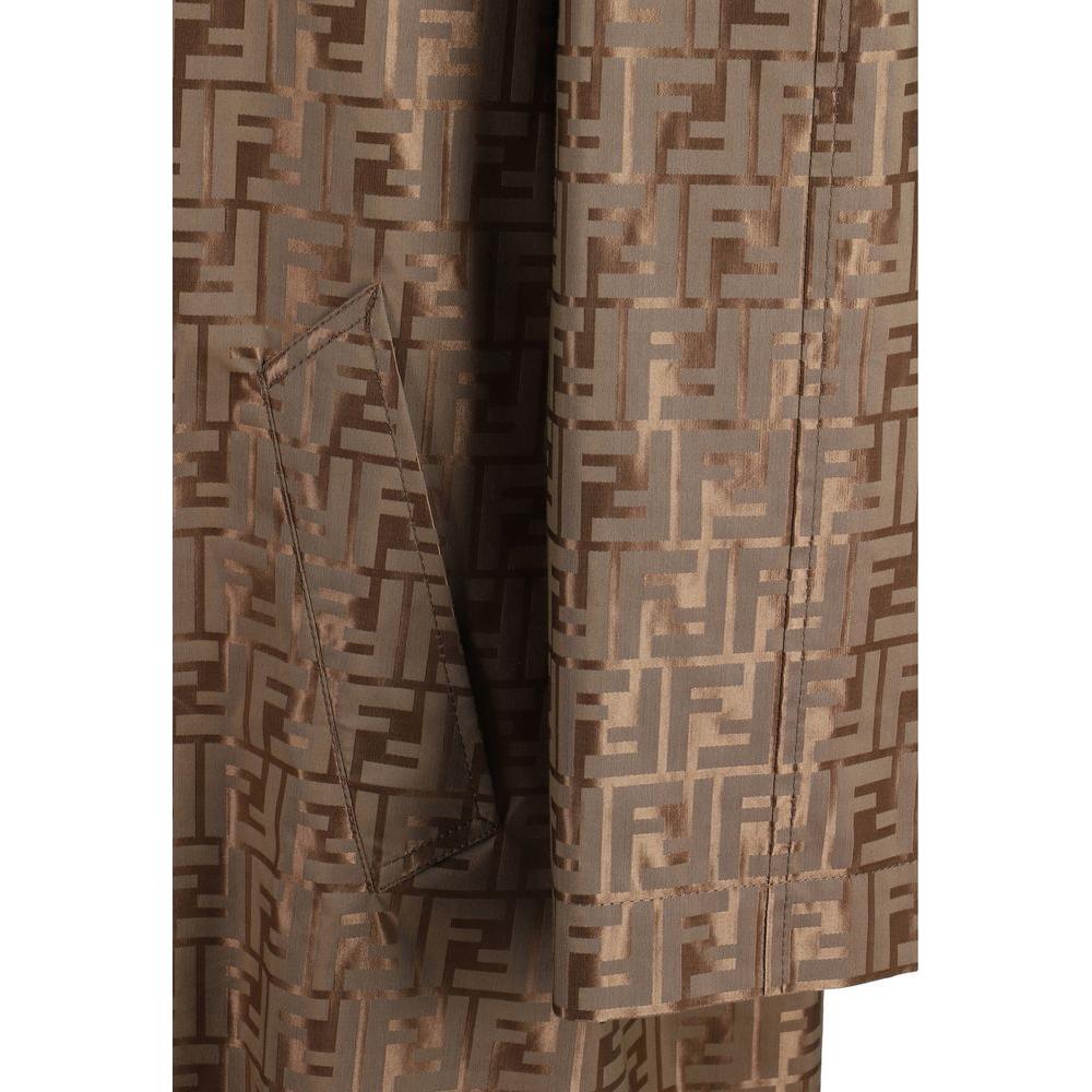 Fendi cotton coat with iconic FF jacquard weave, classic lapels, front button closure, and side welt pockets, in a monochrome pattern.