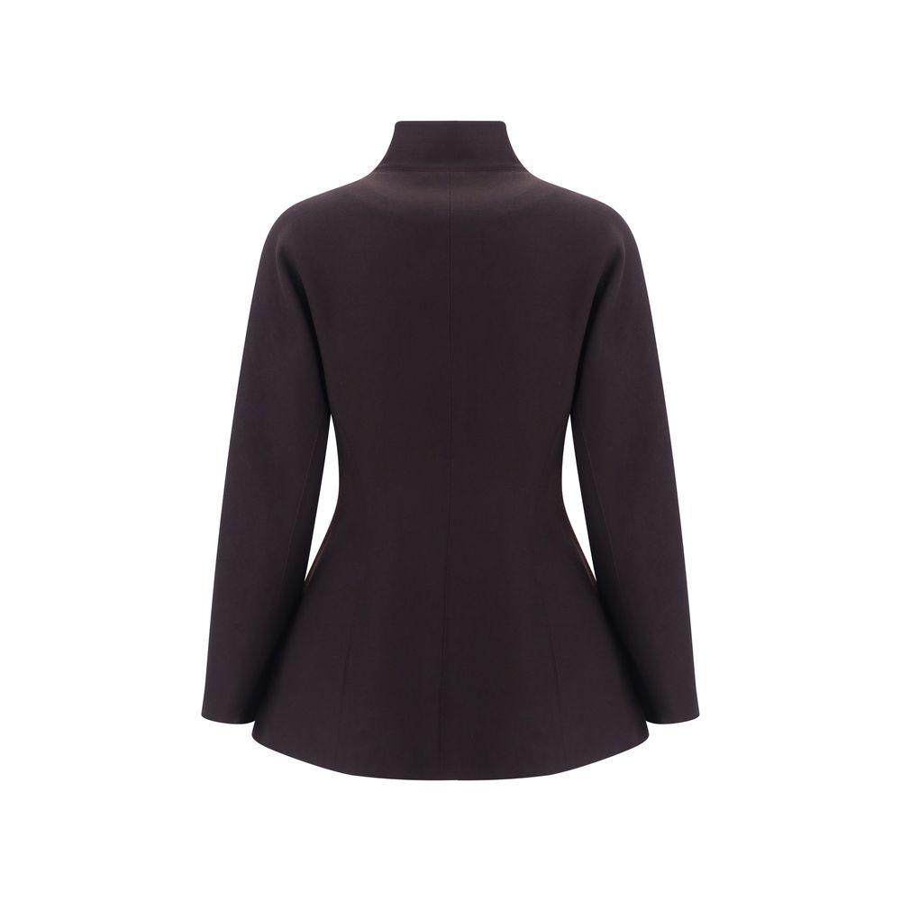 Back view of a Fendi virgin wool jacket with shawl lapels, hidden front closure, side welt pockets, and monochrome pattern, regular fit.
