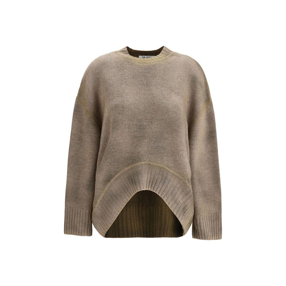 The Attico Wool Sweater with ribbed crew neck and asymmetrical hem, featuring wide sleeves and embroidered logo in a monochrome pattern.