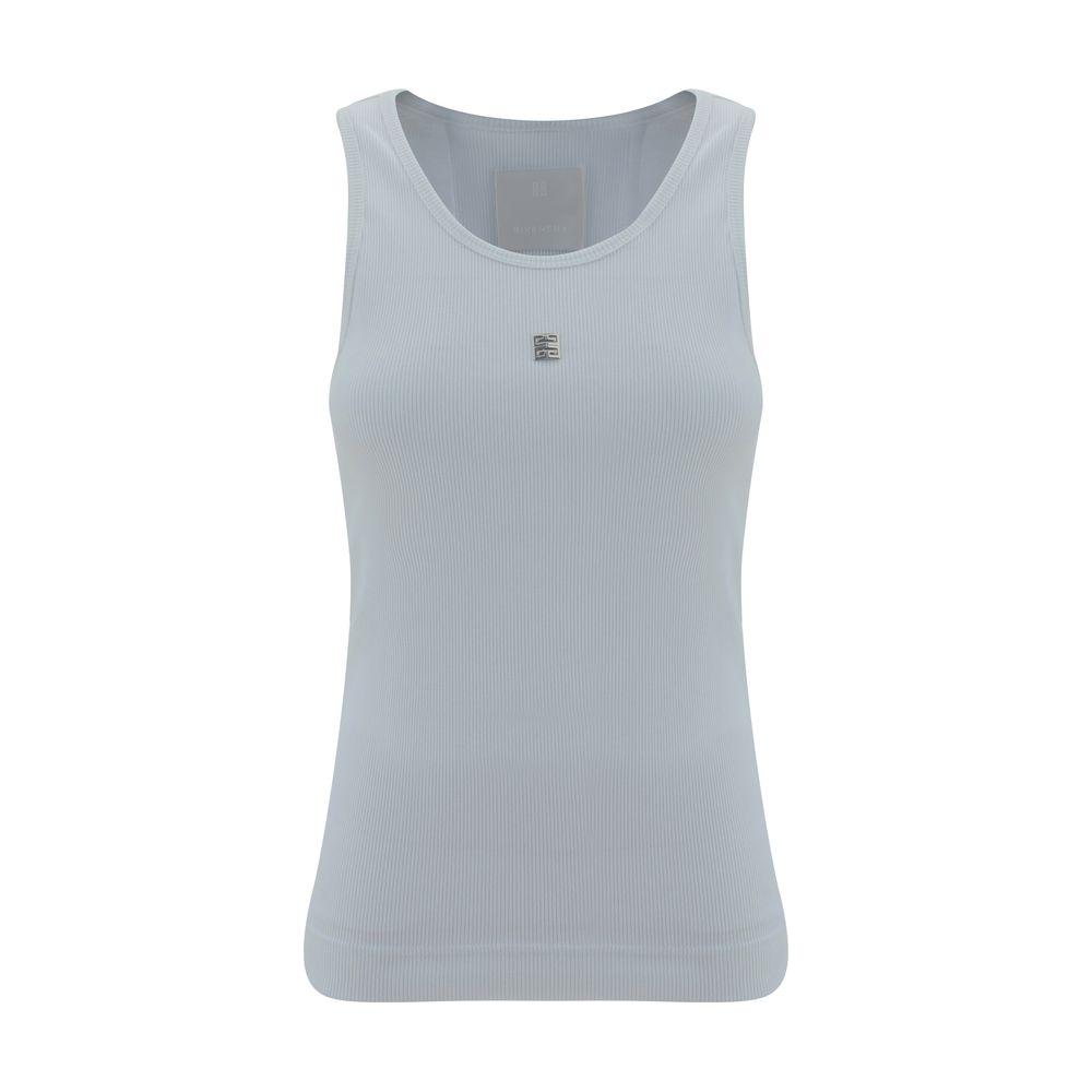 Front view of Givenchy cotton tank top with ribbed design, round neckline, and 4G logo plaque on chest.