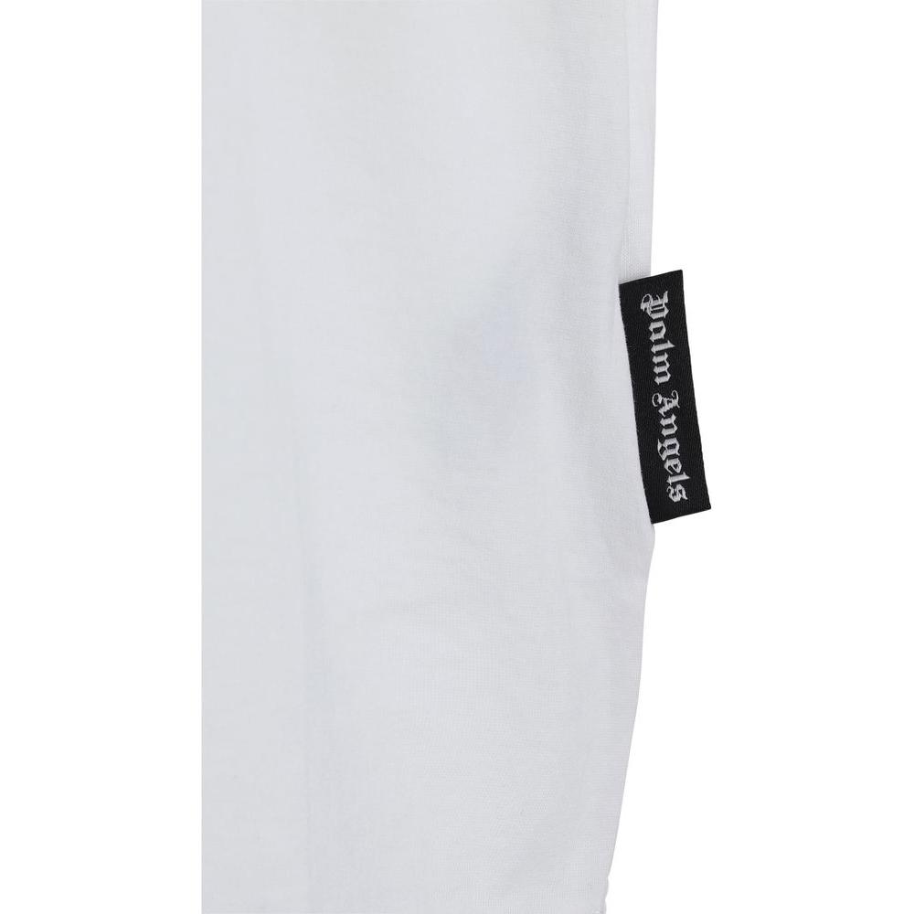 Close-up of Palm Angels T-Shirt showing the label on the side seam, highlighting the iconic brand monogram and monochrome design.