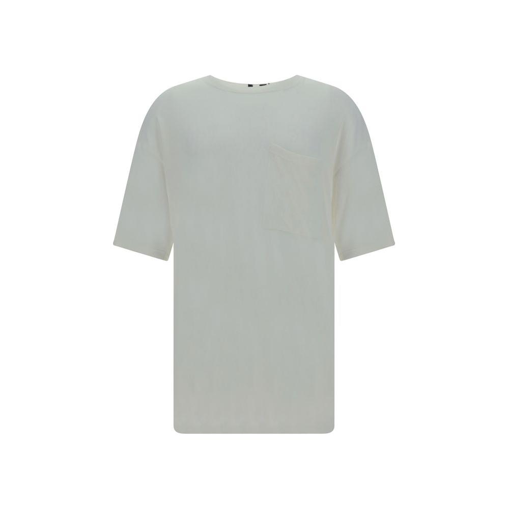 Mordecai cotton T-shirt with ribbed crew neck, front slit pocket, oversized fit, and monochrome pattern. Vertical contrast bands on back.