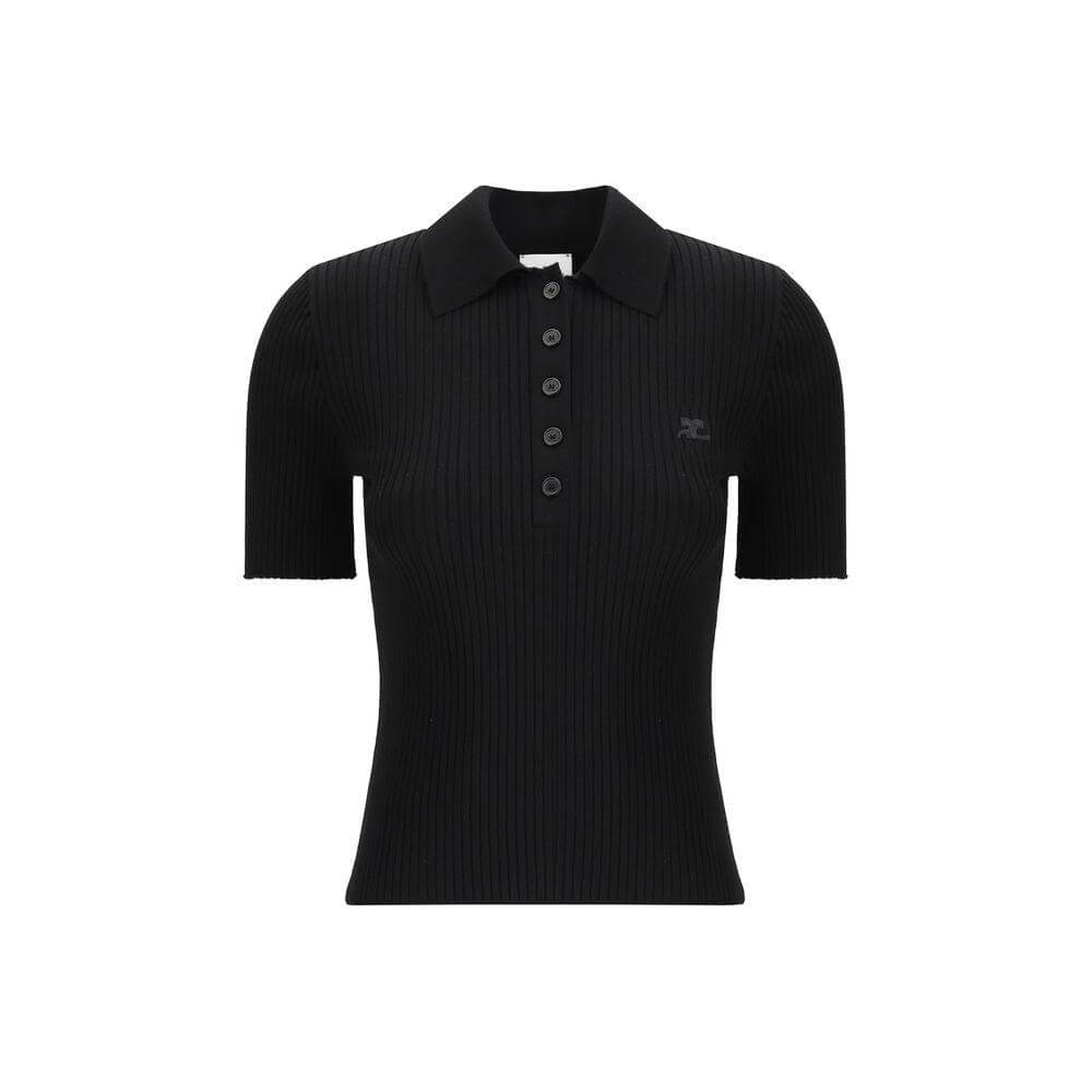 Black Courrèges polo shirt with ribbed collar, tone-on-tone buttons, and embroidered logo, featuring a slim fit monochrome design.
