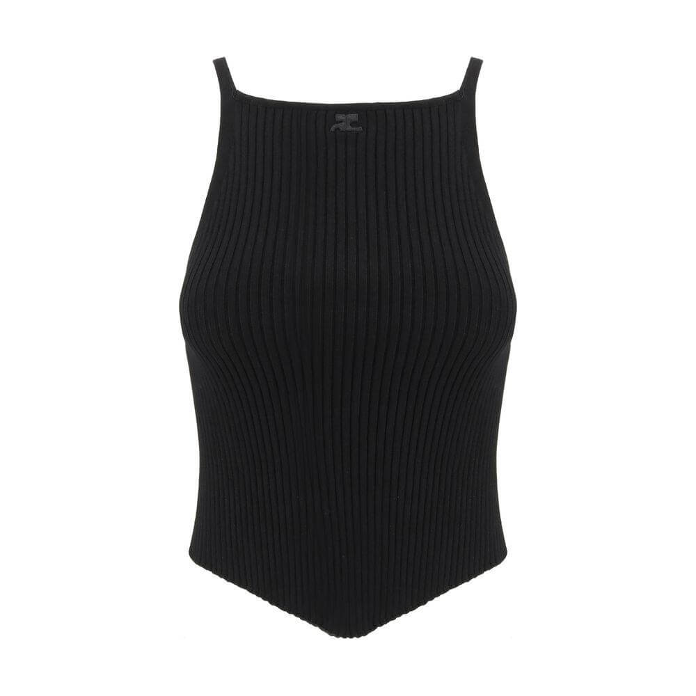 Black Courrèges top with thin straps, square neckline, iconic embroidered logo, ribbed design, asymmetrical hemline, slim fit.