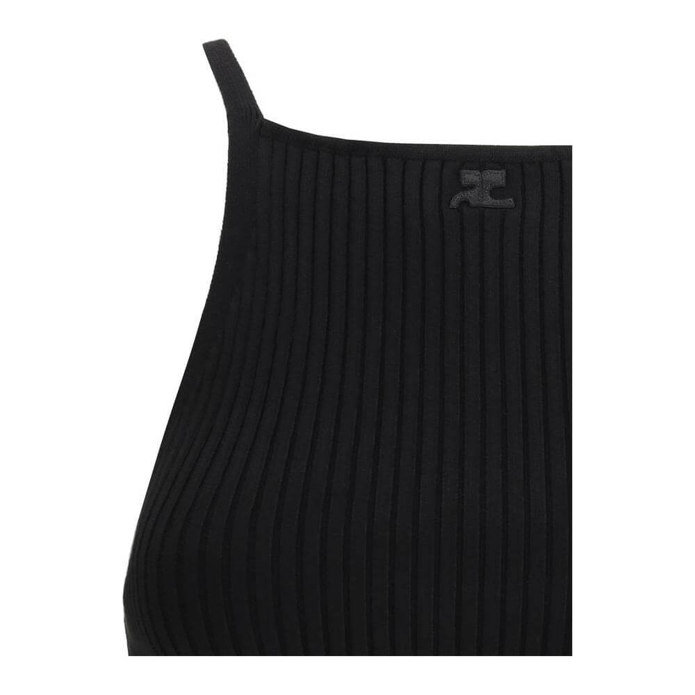 Black Courrèges top with thin straps, square neckline, ribbed design, asymmetrical hem, and iconic embroidered logo on front.