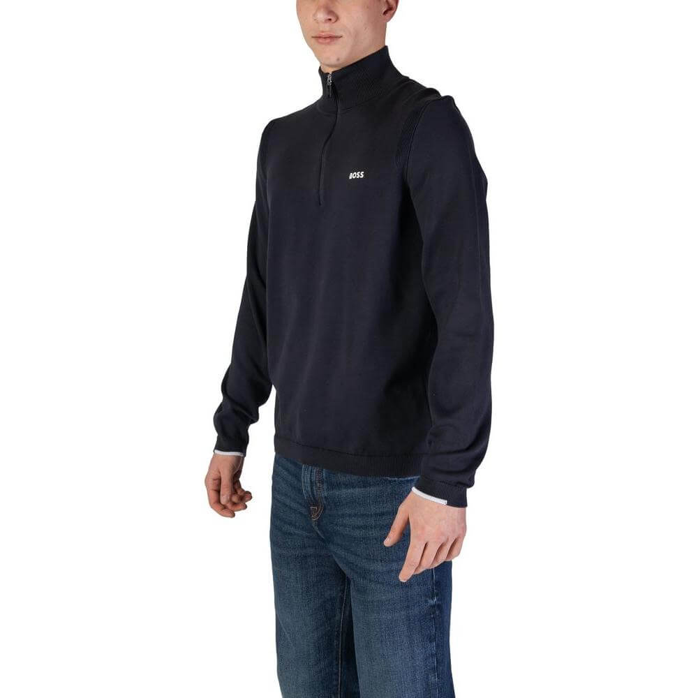 Men's Hugo Boss blue cotton cardigan, fall/winter collection, featuring a zip collar, perfect for layering and stylish casual wear.