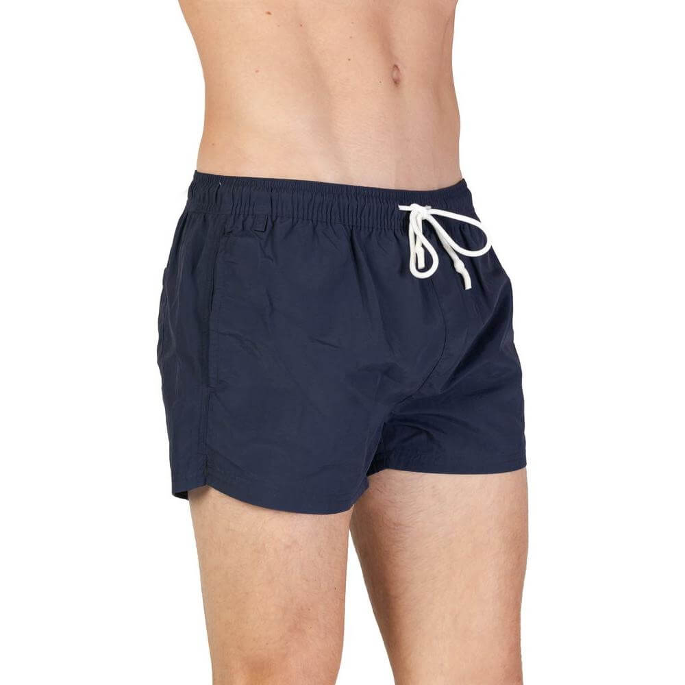 Hamaki-Ho blue polyester men's swimwear, fall/winter collection, featuring elastic waist and drawstring, perfect for beachwear.