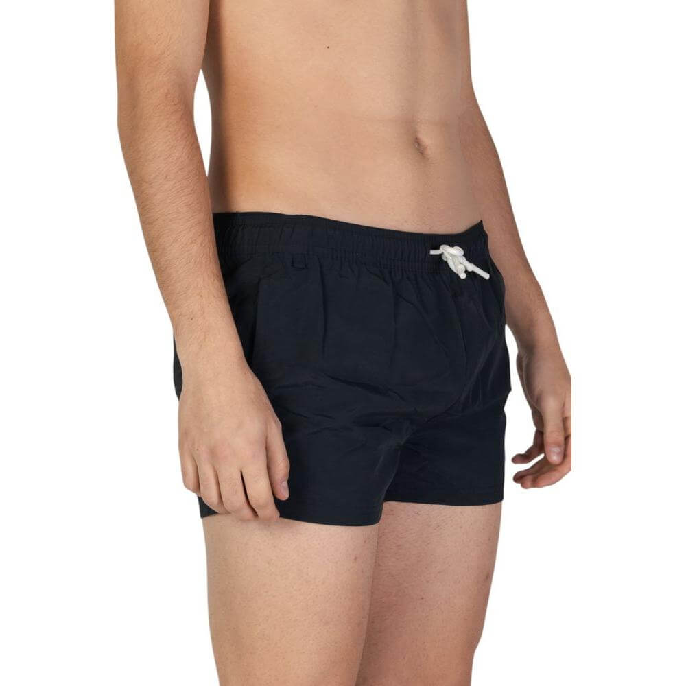 Men's Hamaki-Ho black polyester swimwear, Fall/Winter collection bathing suits, 100% polyester, front view.
