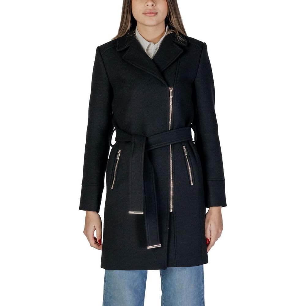 Morgan De Toi black wool jacket and coat for women, fall/winter collection, features a belted design with pockets, front view