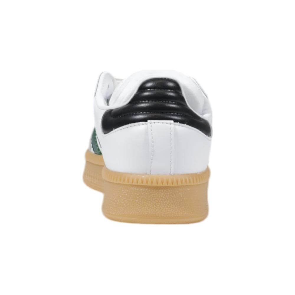 Rear view of Adidas white leather sneaker for men, featuring a gum sole and black heel detail from the Fall/Winter collection.