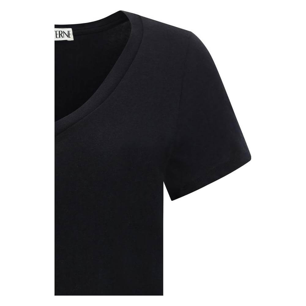 Éterne V-neck cotton T-shirt with ribbed front, scooped hem, and monochrome pattern in regular fit