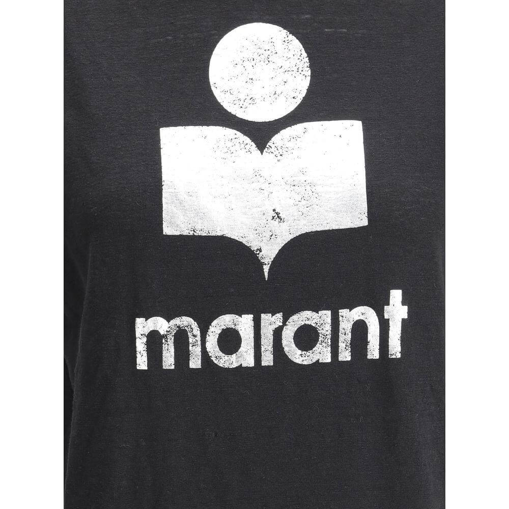 Marant Etoile Zewel T-Shirt with iconic monogram, black linen, ribbed crew neck, fashionable design, regular fit, monochrome style.