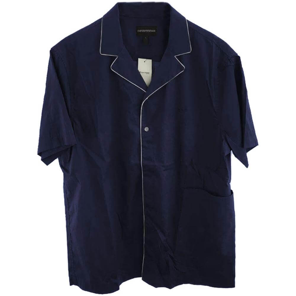 Emporio Armani blue short-sleeved cotton shirt with two-button fastening and front pocket.