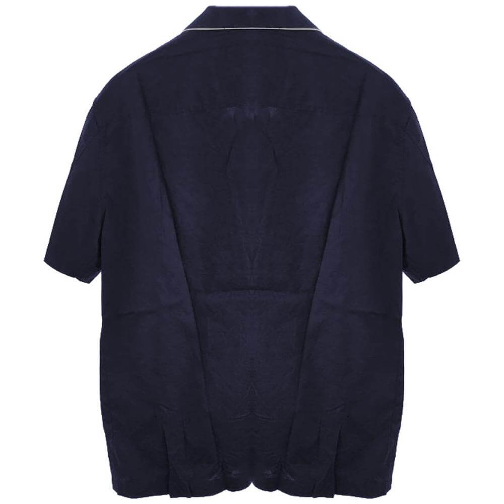 Emporio Armani blue cotton shirt with short sleeves, two-button fastening, and front pocket. Back view of stylish men's clothing.