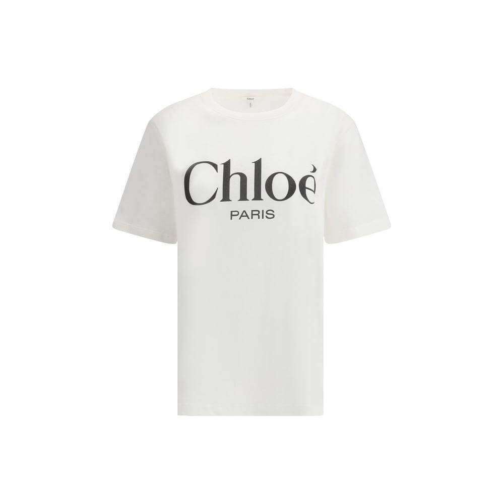 Chloé Cotton T-Shirt with Monogram, Ribbed Crew Neck, Monochrome Pattern, Regular Fit for Versatile Style, Iconic Design.