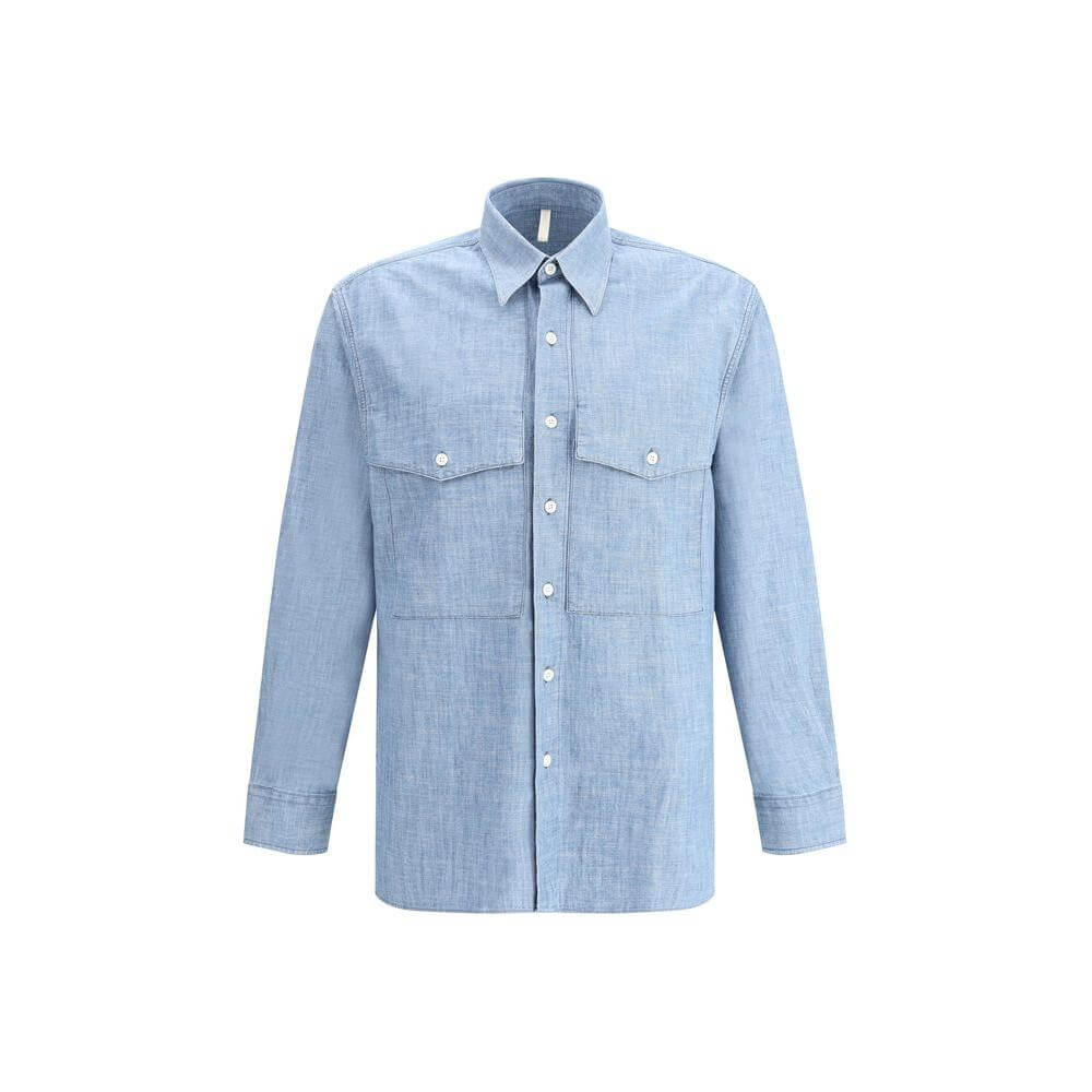 Sunflower cotton shirt with classic collar, button closure, two flap patch pockets, mélange pattern, and regular fit design.