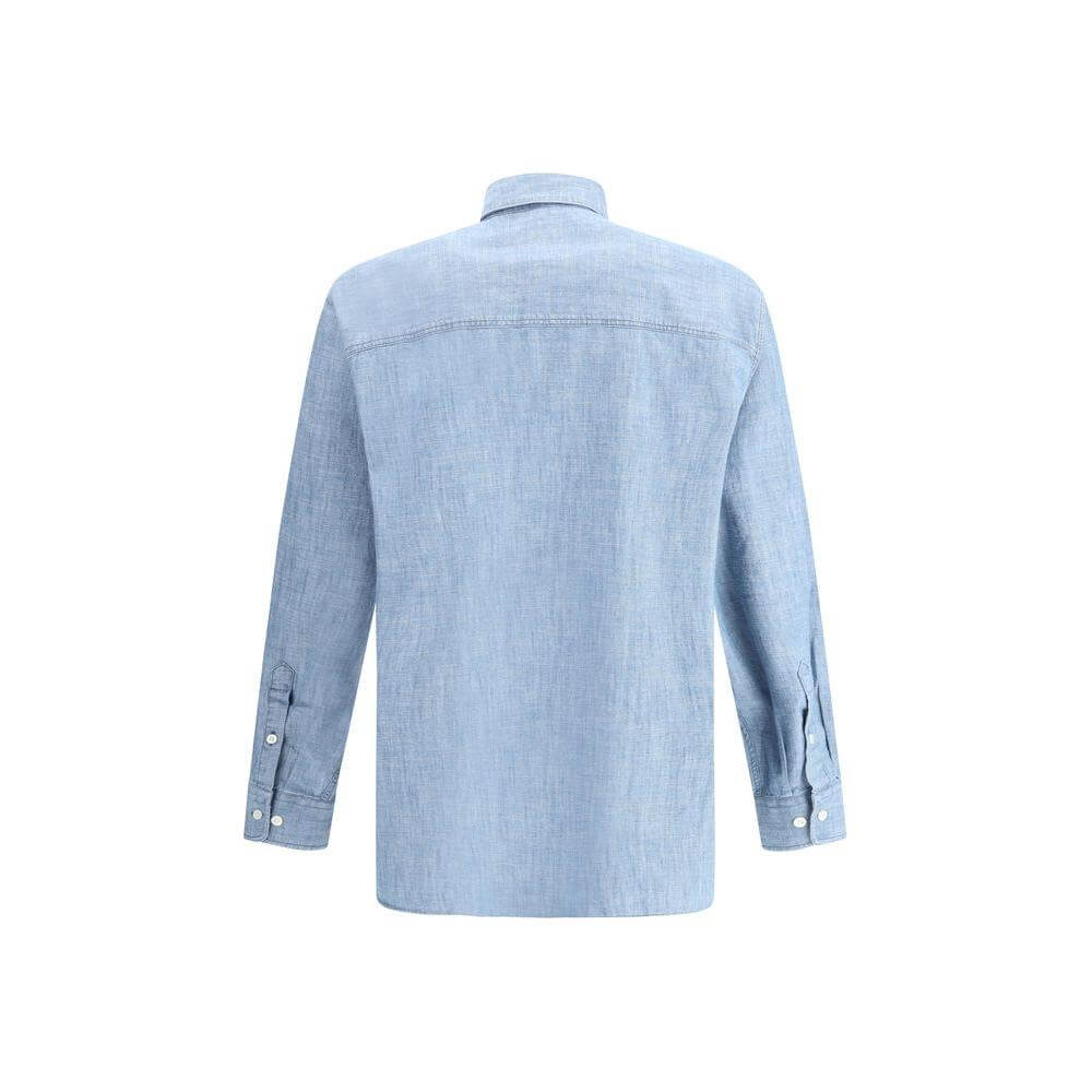 Back view of Sunflower cotton shirt featuring classic collar and front button closure, two front patch pockets, melange pattern, regular fit.