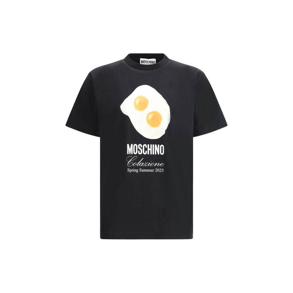 Moschino cotton T-shirt with playful maxi egg print and iconic monogram, perfect for a bold, stylish look. Spring Summer 2023 collection.
