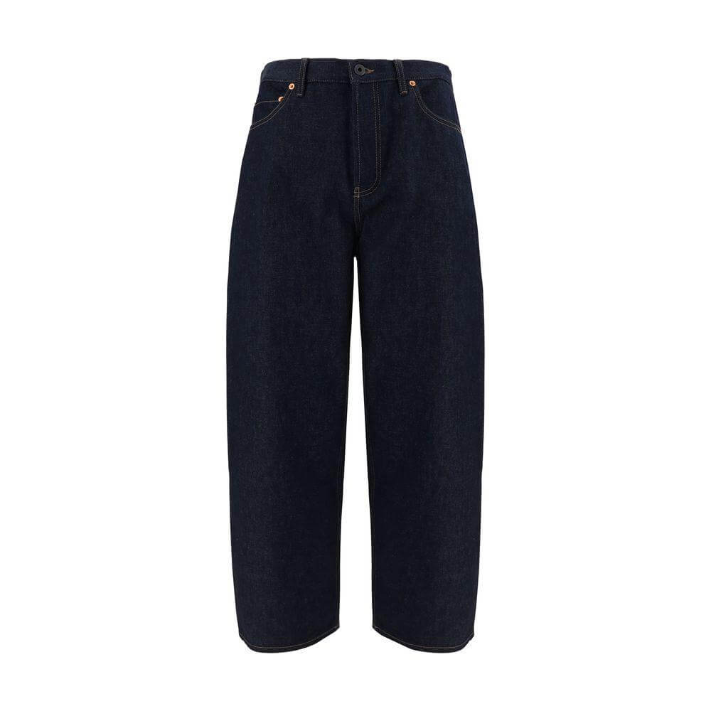 Valentino cotton jeans with five-pocket styling, button closure, waistband loops, and branded leather patch on the back.