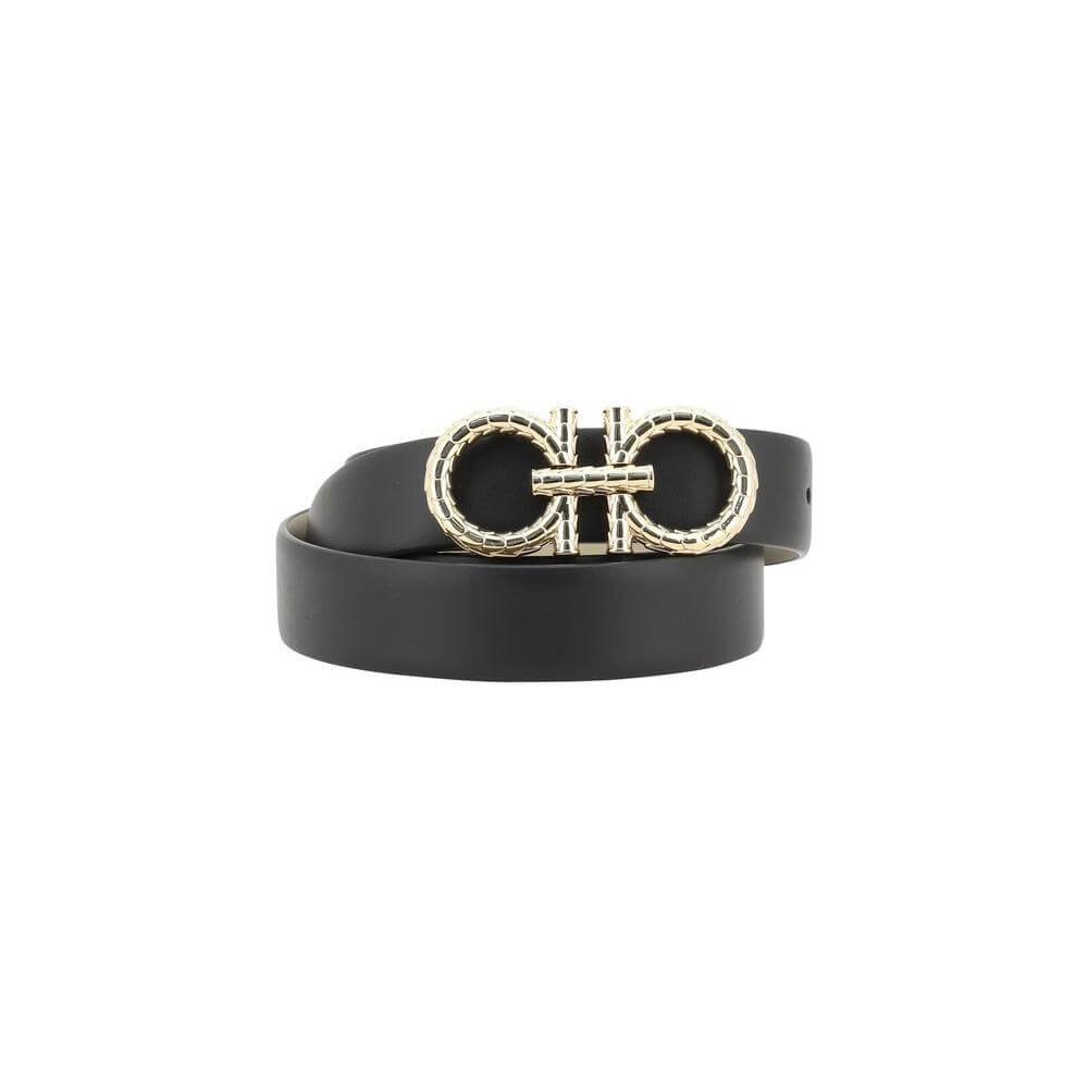 Ferragamo Gancini reversible leather belt with snakeskin buckle, showcasing iconic logo and smooth monochrome design for versatile style.