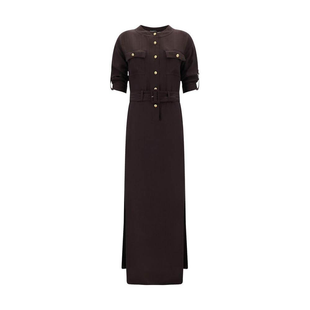 Tom Ford long dress with button closure, removable belt, adjustable sleeves, pockets, and vertical pattern in black.
