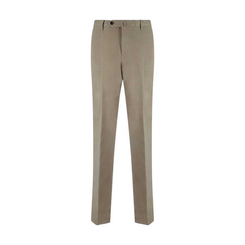 PT Torino cotton pants with front button and zipper, side slash pockets, back welt pockets, and belt loops in a neutral color.