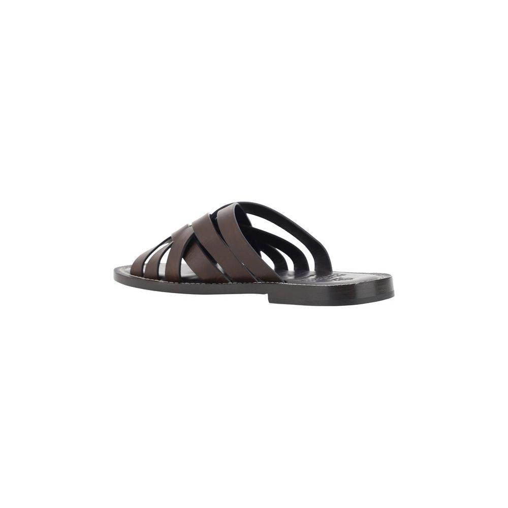 Brunello Cucinelli calfskin sandals with woven upper, leather block heel, and logo insole, side view